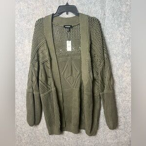 Express Woman’s Large Olive Green Knit‎ long open front Sweater New